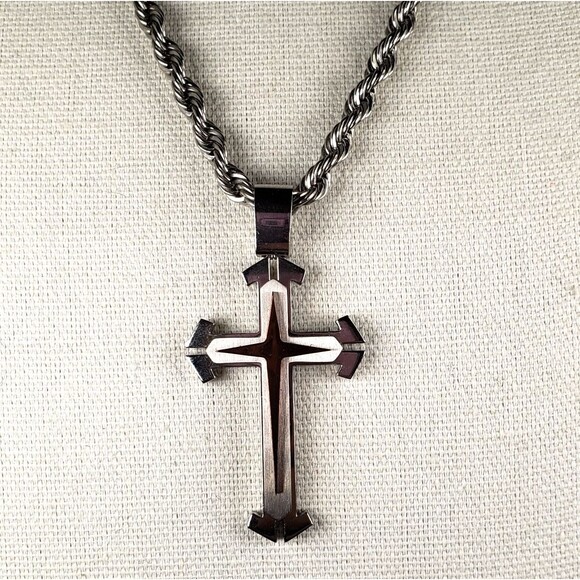 Vintage Stainless Steel 3D Cross Pendant Thick 23" Rope Necklace - Picture 5 of 16